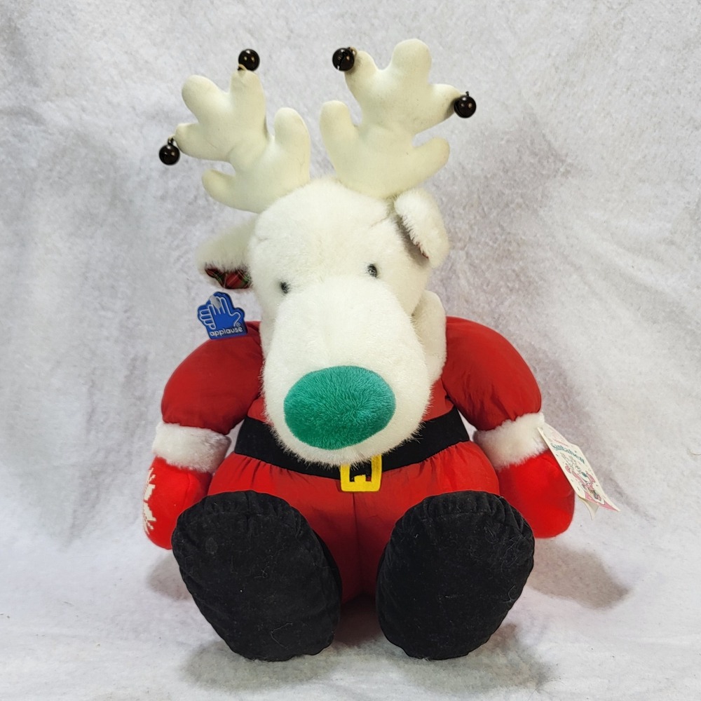 Applause Santabell Reindeer Plush Christmas White Green Nose Jingle‎ Bells
